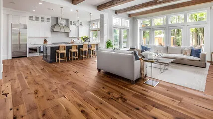Wide-plank hardwood flooring in a bright modern open-concept living and kitchen space installed by Monteros